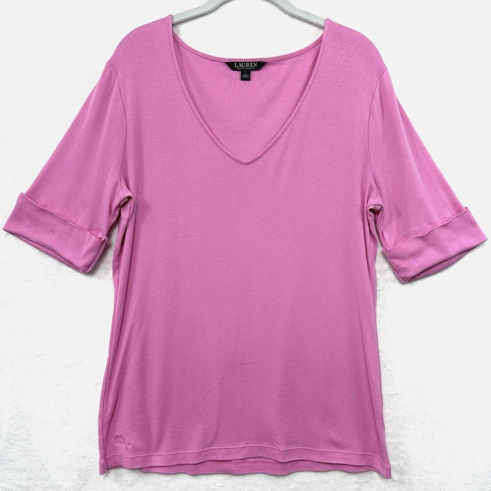 Ralph Lauren Pullover V-Neck Top Womens L Embroidered Logo Cuffed Sleeve Pink